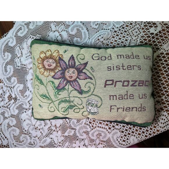 Vintage God Made Us Sisters Prozac Made Us Throw Pillow 90s Embroidery Gift - Picture 2 of 8